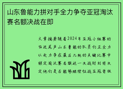 山东鲁能力拼对手全力争夺亚冠淘汰赛名额决战在即
