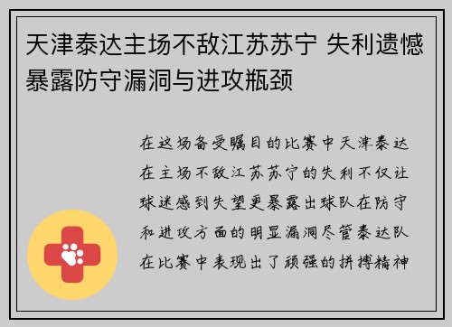 天津泰达主场不敌江苏苏宁 失利遗憾暴露防守漏洞与进攻瓶颈