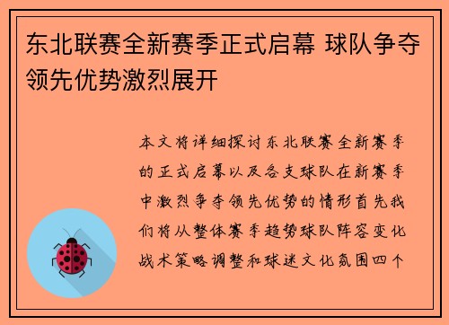 东北联赛全新赛季正式启幕 球队争夺领先优势激烈展开