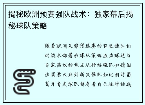 揭秘欧洲预赛强队战术：独家幕后揭秘球队策略