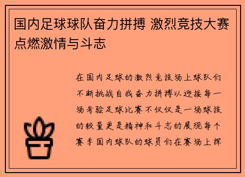 国内足球球队奋力拼搏 激烈竞技大赛点燃激情与斗志