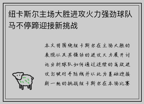 纽卡斯尔主场大胜进攻火力强劲球队马不停蹄迎接新挑战