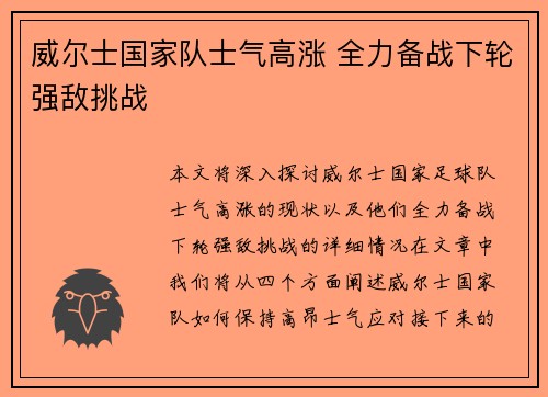 威尔士国家队士气高涨 全力备战下轮强敌挑战