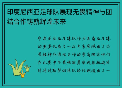 印度尼西亚足球队展现无畏精神与团结合作铸就辉煌未来