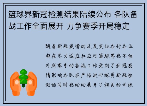 篮球界新冠检测结果陆续公布 各队备战工作全面展开 力争赛季开局稳定
