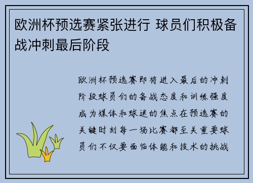 欧洲杯预选赛紧张进行 球员们积极备战冲刺最后阶段