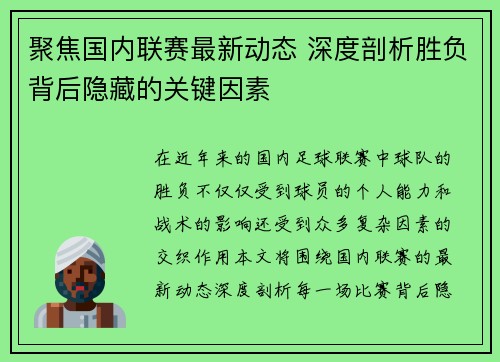 聚焦国内联赛最新动态 深度剖析胜负背后隐藏的关键因素