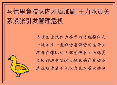 马德里竞技队内矛盾加剧 主力球员关系紧张引发管理危机